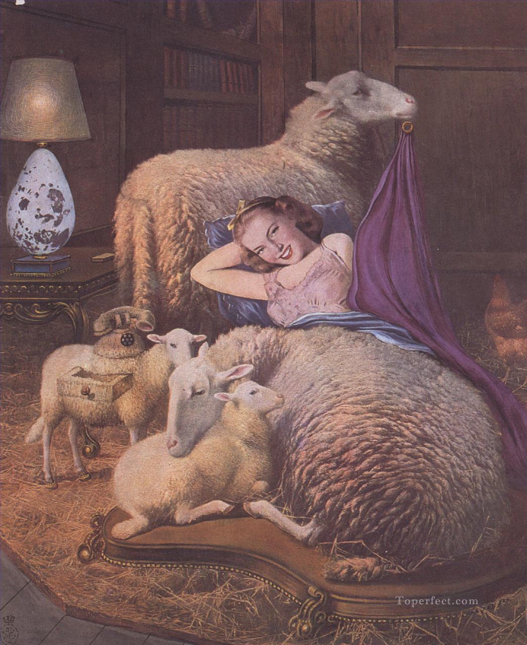 Chica reclinada en oveja Surrealismo Pintura al óleo